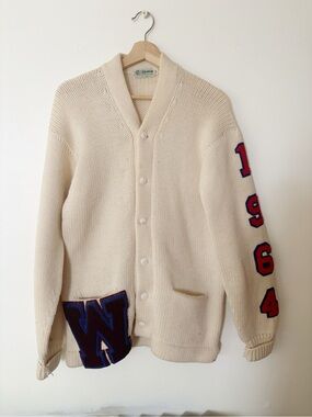 Vtg 1964 Wool Letterman Cardigan Hanson Cream Chunky Knit Varsity W 40 Small
